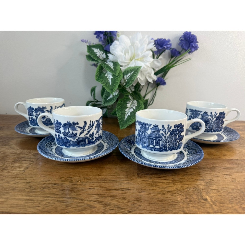 Vintage Churchill Blue Willow Coffee‎ Cups Saucers England Blue White Farmhouse